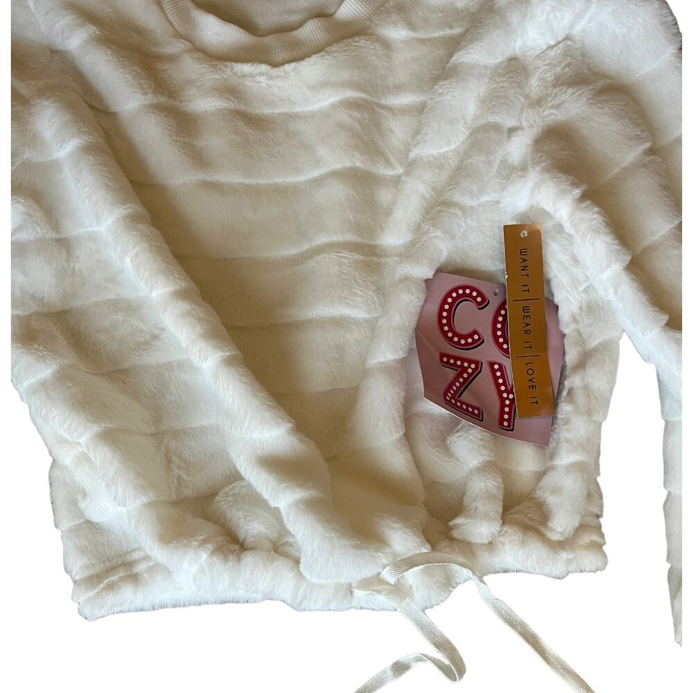 Almost Famous Cozy White fuzzy sweater drawstring cinch waist Med NWT - Picture 2 of 5